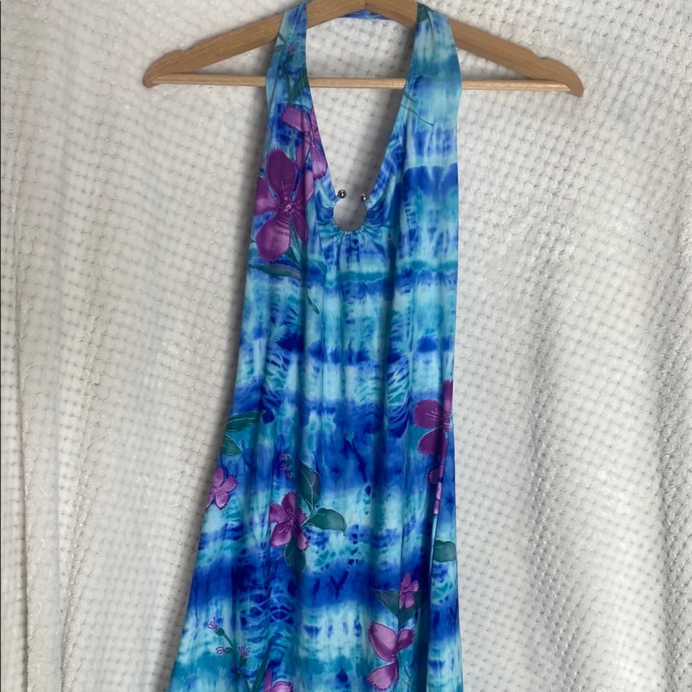 Finesse Blue Floral Print Tie Dye Style Halter Dress